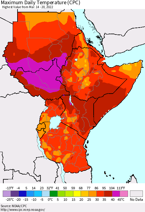 Eastern Africa Extreme Maximum Temperature (CPC) Thematic Map For 3/14/2022 - 3/20/2022