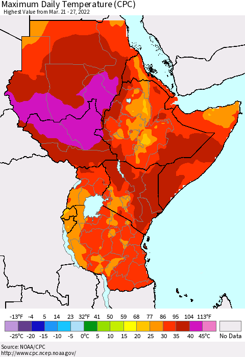 Eastern Africa Extreme Maximum Temperature (CPC) Thematic Map For 3/21/2022 - 3/27/2022