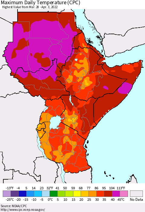 Eastern Africa Extreme Maximum Temperature (CPC) Thematic Map For 3/28/2022 - 4/3/2022