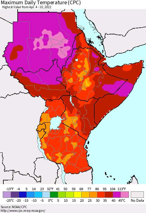 Eastern Africa Maximum Daily Temperature (CPC) Thematic Map For 4/4/2022 - 4/10/2022