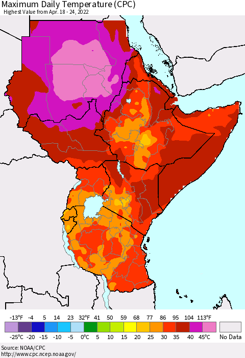 Eastern Africa Extreme Maximum Temperature (CPC) Thematic Map For 4/18/2022 - 4/24/2022