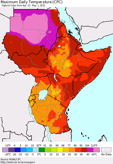 Eastern Africa Extreme Maximum Temperature (CPC) Thematic Map For 4/25/2022 - 5/1/2022