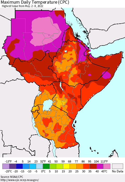 Eastern Africa Extreme Maximum Temperature (CPC) Thematic Map For 5/2/2022 - 5/8/2022