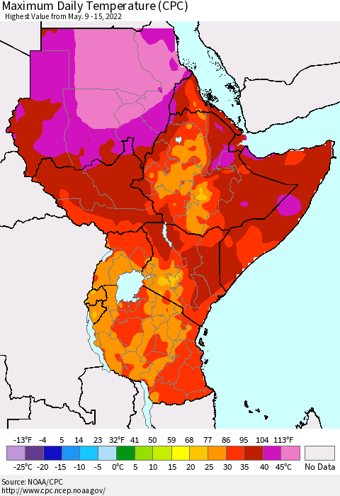 Eastern Africa Maximum Daily Temperature (CPC) Thematic Map For 5/9/2022 - 5/15/2022