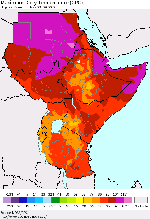 Eastern Africa Extreme Maximum Temperature (CPC) Thematic Map For 5/23/2022 - 5/29/2022