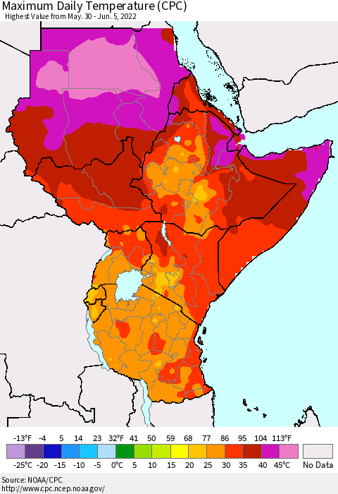 Eastern Africa Extreme Maximum Temperature (CPC) Thematic Map For 5/30/2022 - 6/5/2022