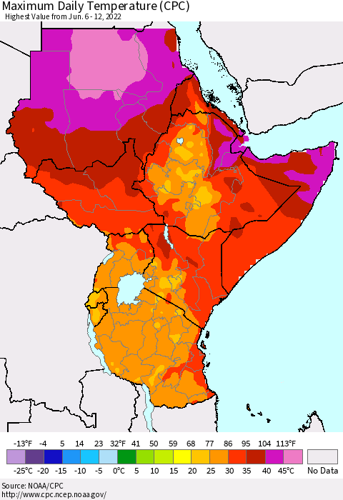 Eastern Africa Extreme Maximum Temperature (CPC) Thematic Map For 6/6/2022 - 6/12/2022