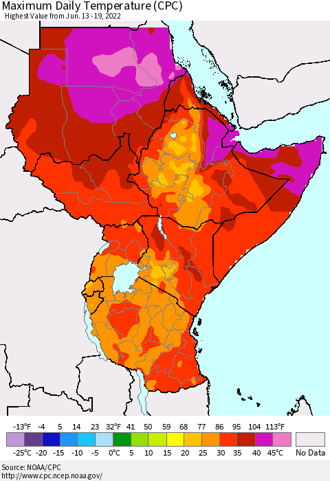 Eastern Africa Maximum Daily Temperature (CPC) Thematic Map For 6/13/2022 - 6/19/2022