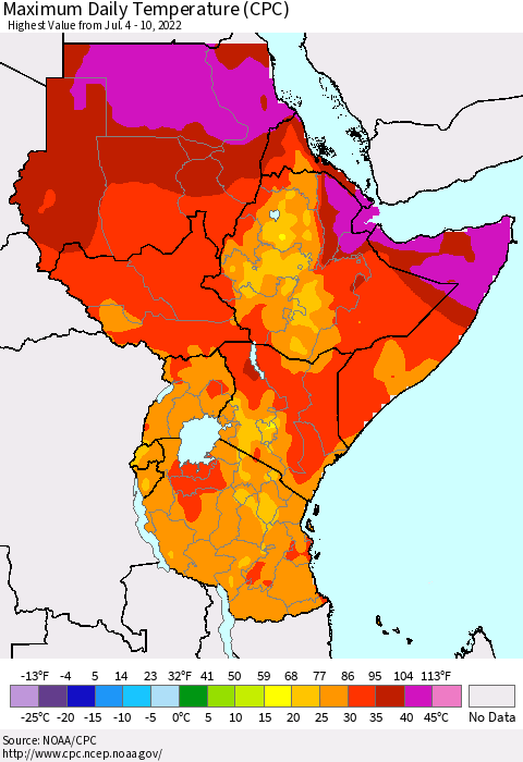Eastern Africa Extreme Maximum Temperature (CPC) Thematic Map For 7/4/2022 - 7/10/2022