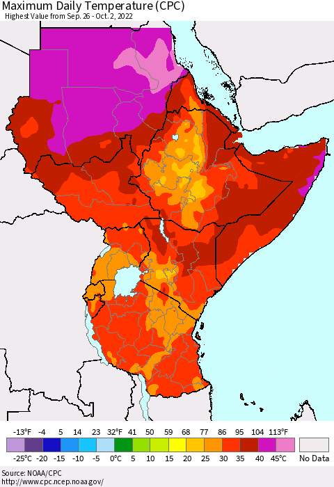 Eastern Africa Maximum Daily Temperature (CPC) Thematic Map For 9/26/2022 - 10/2/2022