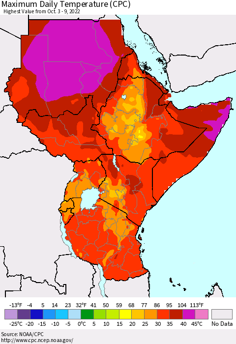 Eastern Africa Maximum Daily Temperature (CPC) Thematic Map For 10/3/2022 - 10/9/2022