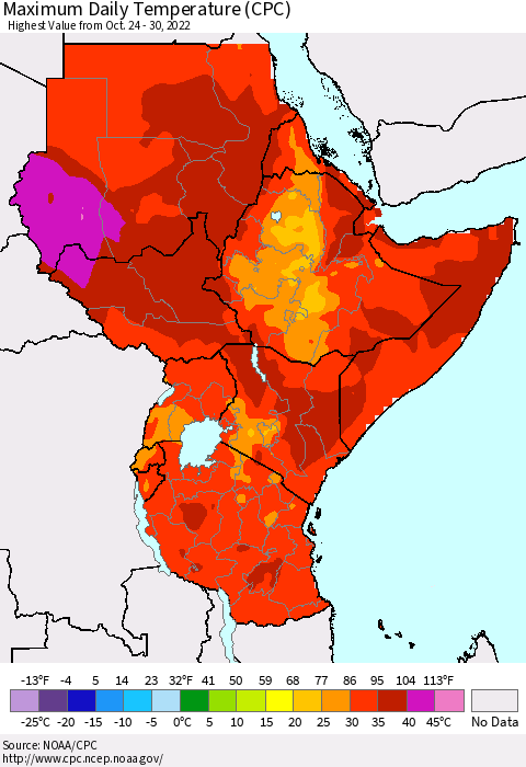 Eastern Africa Maximum Daily Temperature (CPC) Thematic Map For 10/24/2022 - 10/30/2022