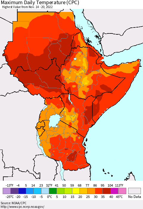 Eastern Africa Maximum Daily Temperature (CPC) Thematic Map For 11/14/2022 - 11/20/2022