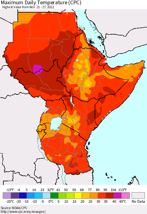 Eastern Africa Maximum Daily Temperature (CPC) Thematic Map For 11/21/2022 - 11/27/2022