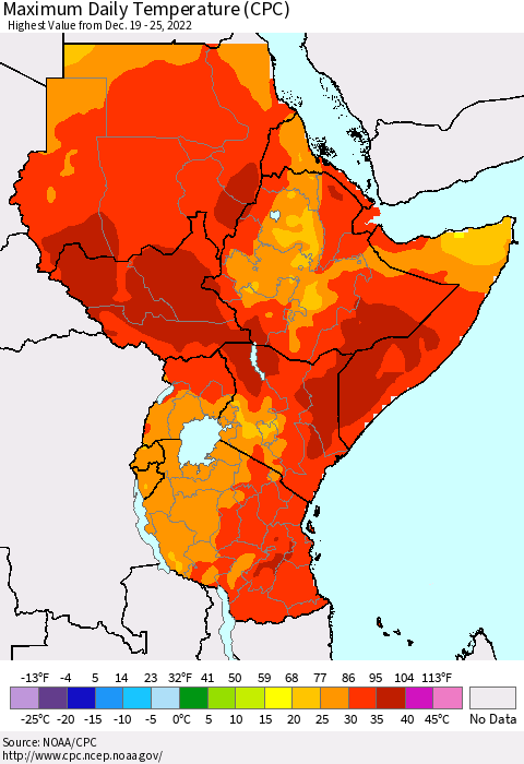 Eastern Africa Maximum Daily Temperature (CPC) Thematic Map For 12/19/2022 - 12/25/2022
