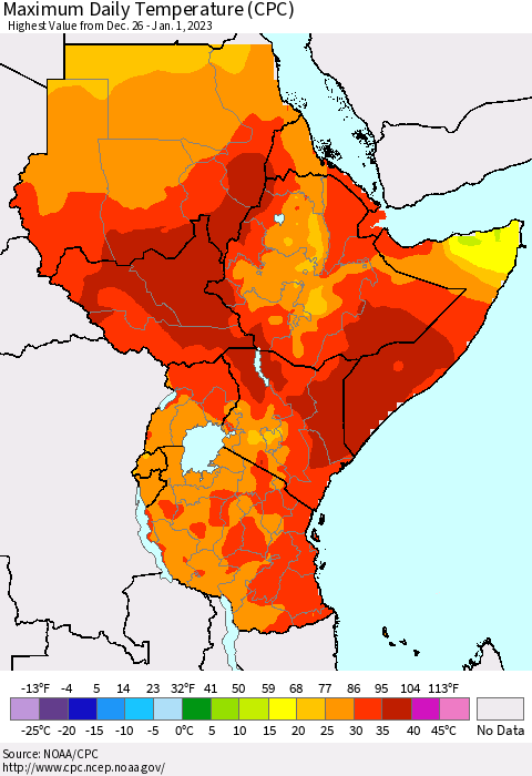 Eastern Africa Maximum Daily Temperature (CPC) Thematic Map For 12/26/2022 - 1/1/2023
