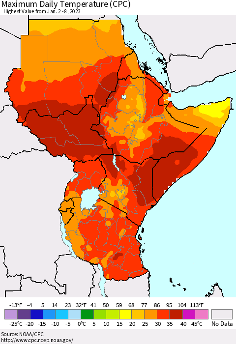 Eastern Africa Maximum Daily Temperature (CPC) Thematic Map For 1/2/2023 - 1/8/2023