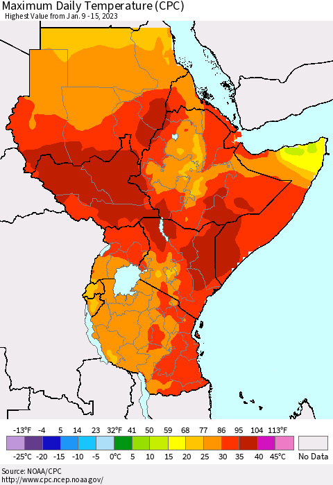 Eastern Africa Maximum Daily Temperature (CPC) Thematic Map For 1/9/2023 - 1/15/2023