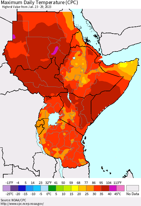 Eastern Africa Maximum Daily Temperature (CPC) Thematic Map For 1/23/2023 - 1/29/2023