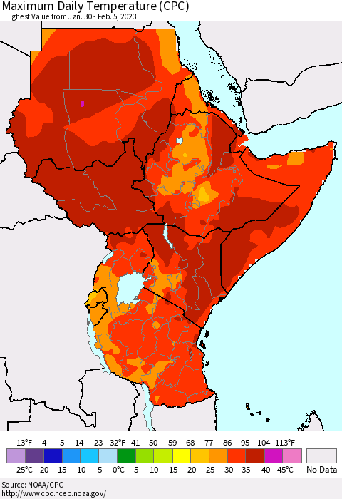 Eastern Africa Maximum Daily Temperature (CPC) Thematic Map For 1/30/2023 - 2/5/2023