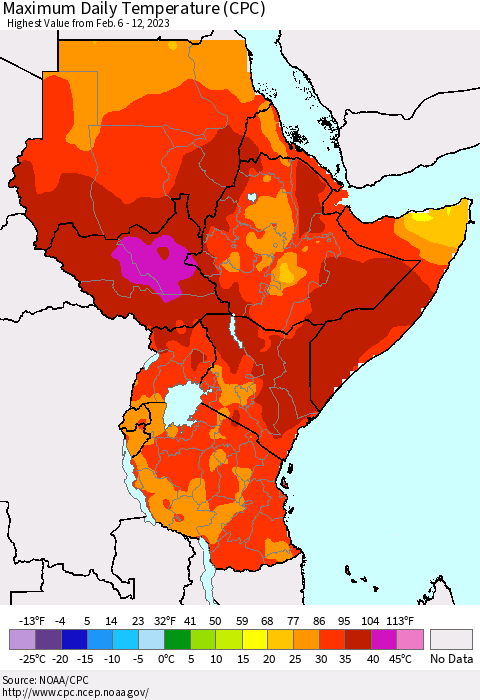 Eastern Africa Maximum Daily Temperature (CPC) Thematic Map For 2/6/2023 - 2/12/2023