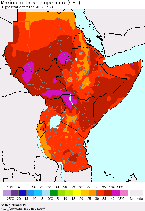 Eastern Africa Maximum Daily Temperature (CPC) Thematic Map For 2/20/2023 - 2/26/2023