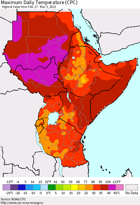 Eastern Africa Maximum Daily Temperature (CPC) Thematic Map For 2/27/2023 - 3/5/2023