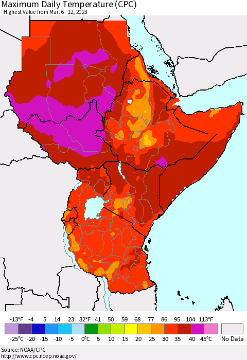 Eastern Africa Maximum Daily Temperature (CPC) Thematic Map For 3/6/2023 - 3/12/2023