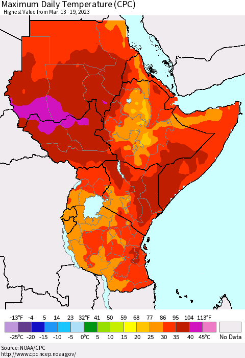 Eastern Africa Maximum Daily Temperature (CPC) Thematic Map For 3/13/2023 - 3/19/2023