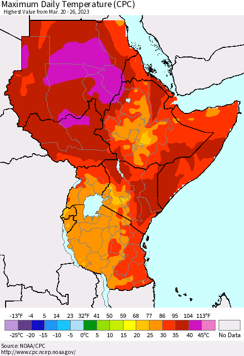 Eastern Africa Maximum Daily Temperature (CPC) Thematic Map For 3/20/2023 - 3/26/2023