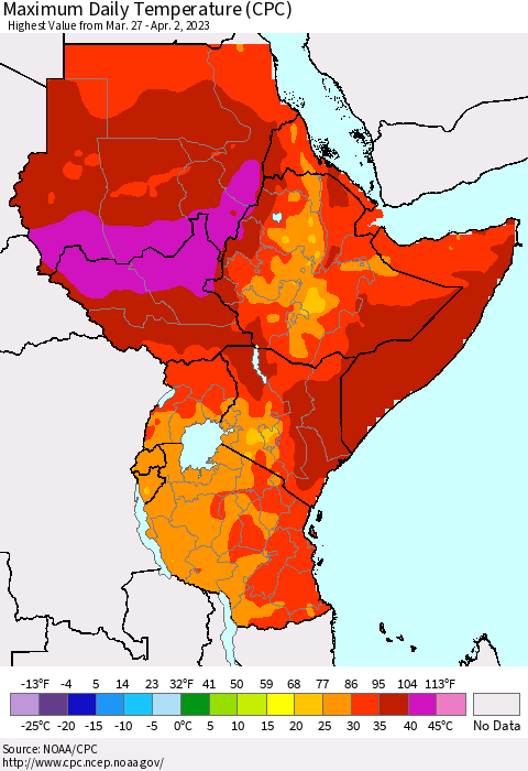 Eastern Africa Maximum Daily Temperature (CPC) Thematic Map For 3/27/2023 - 4/2/2023