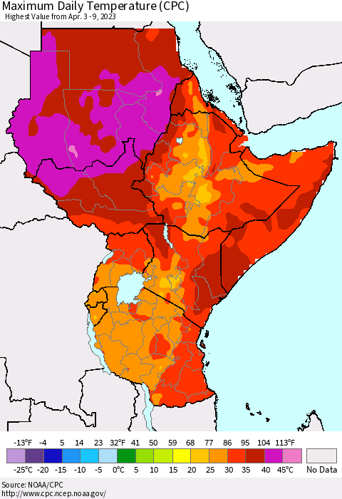 Eastern Africa Maximum Daily Temperature (CPC) Thematic Map For 4/3/2023 - 4/9/2023