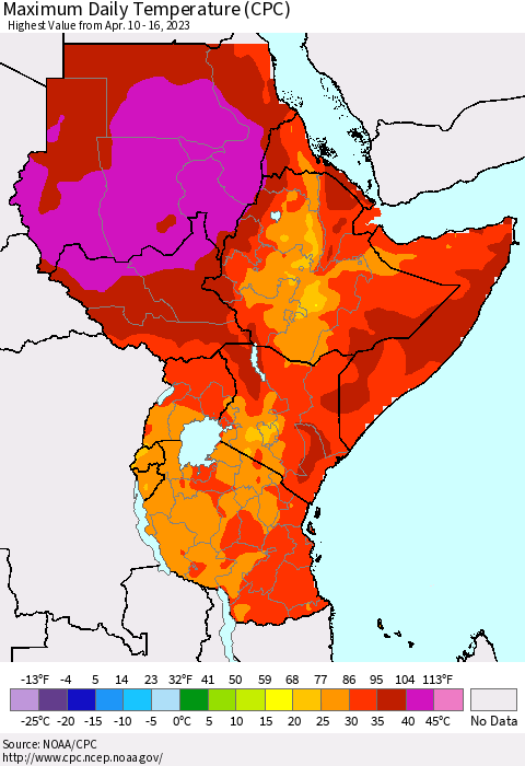Eastern Africa Maximum Daily Temperature (CPC) Thematic Map For 4/10/2023 - 4/16/2023