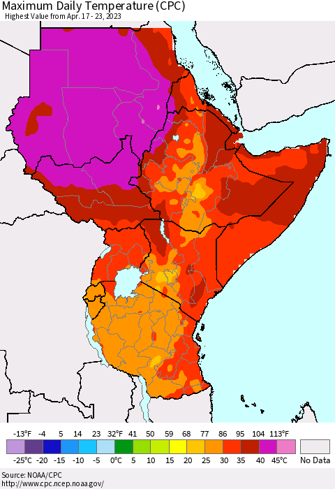 Eastern Africa Maximum Daily Temperature (CPC) Thematic Map For 4/17/2023 - 4/23/2023