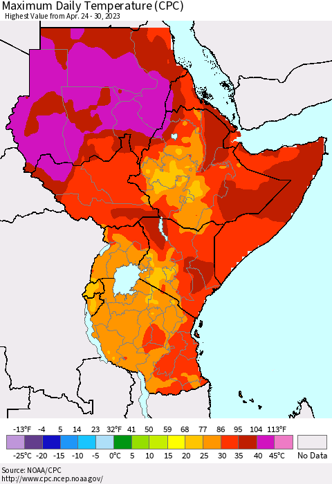 Eastern Africa Maximum Daily Temperature (CPC) Thematic Map For 4/24/2023 - 4/30/2023