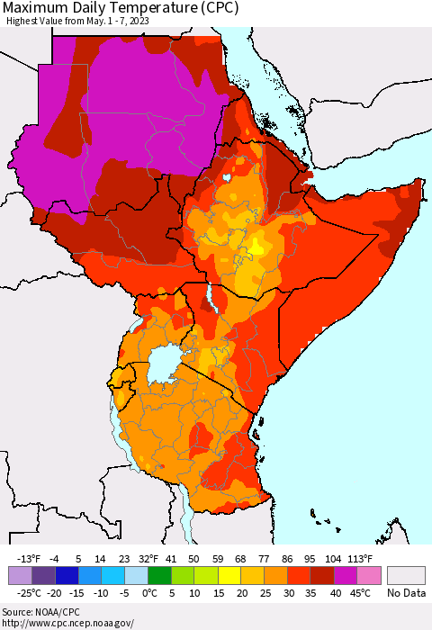 Eastern Africa Maximum Daily Temperature (CPC) Thematic Map For 5/1/2023 - 5/7/2023