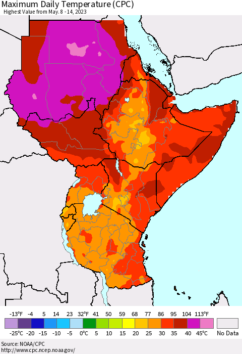 Eastern Africa Maximum Daily Temperature (CPC) Thematic Map For 5/8/2023 - 5/14/2023