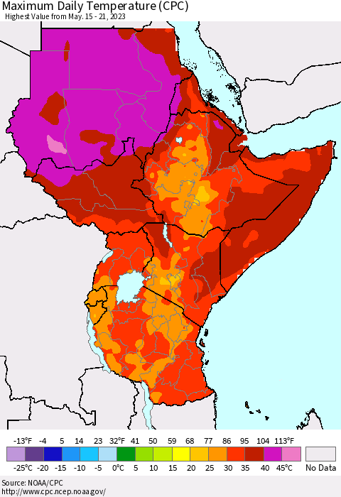 Eastern Africa Maximum Daily Temperature (CPC) Thematic Map For 5/15/2023 - 5/21/2023