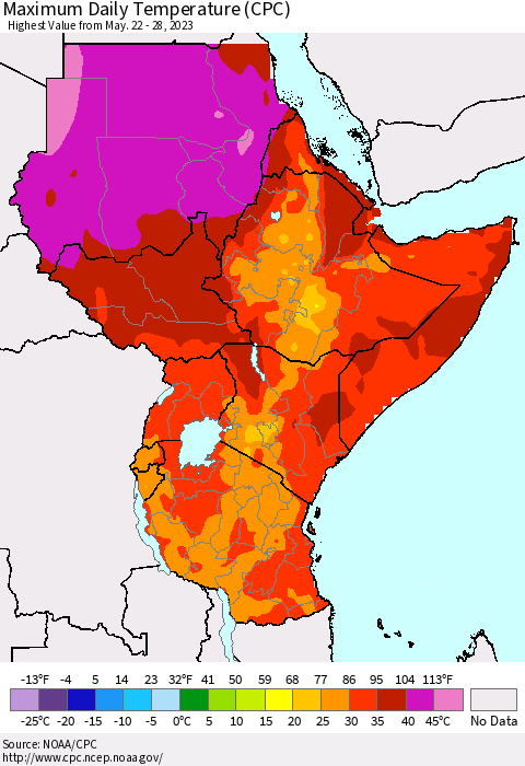 Eastern Africa Maximum Daily Temperature (CPC) Thematic Map For 5/22/2023 - 5/28/2023