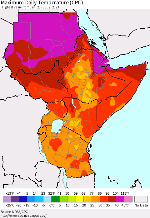 Eastern Africa Maximum Daily Temperature (CPC) Thematic Map For 6/26/2023 - 7/2/2023