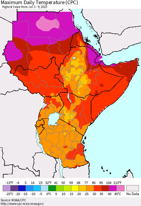 Eastern Africa Maximum Daily Temperature (CPC) Thematic Map For 7/3/2023 - 7/9/2023