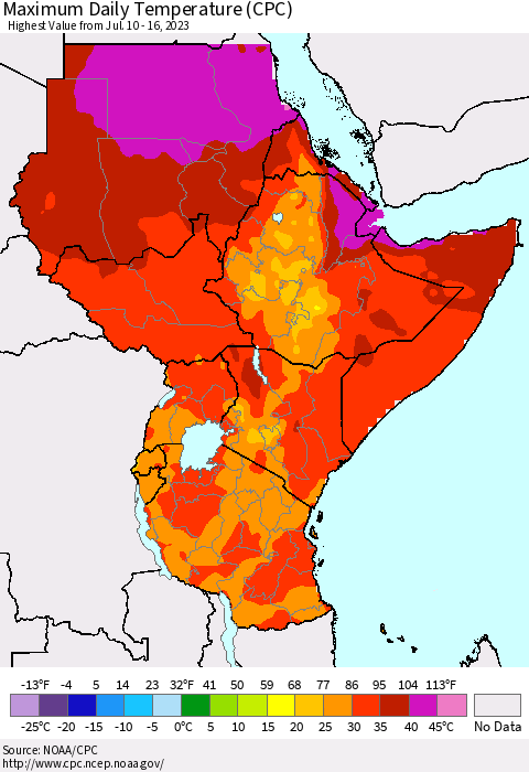 Eastern Africa Maximum Daily Temperature (CPC) Thematic Map For 7/10/2023 - 7/16/2023