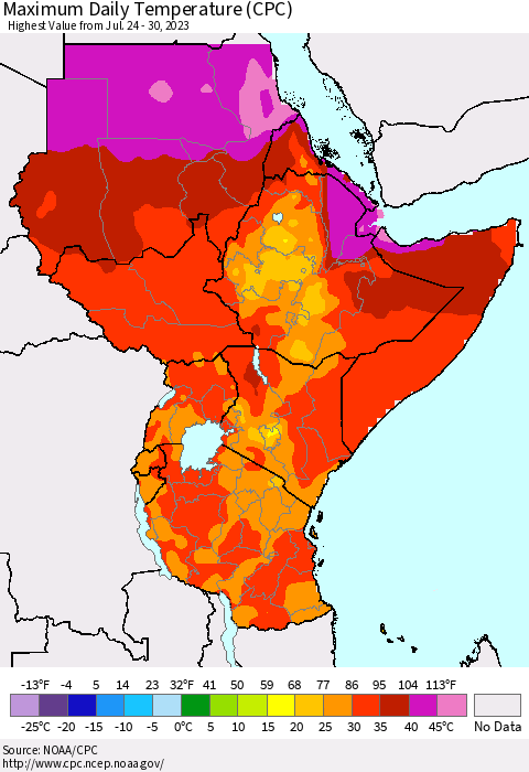 Eastern Africa Maximum Daily Temperature (CPC) Thematic Map For 7/24/2023 - 7/30/2023