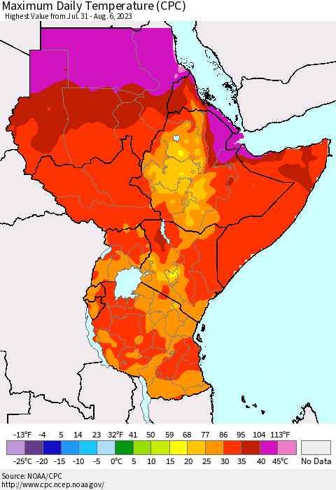Eastern Africa Maximum Daily Temperature (CPC) Thematic Map For 7/31/2023 - 8/6/2023
