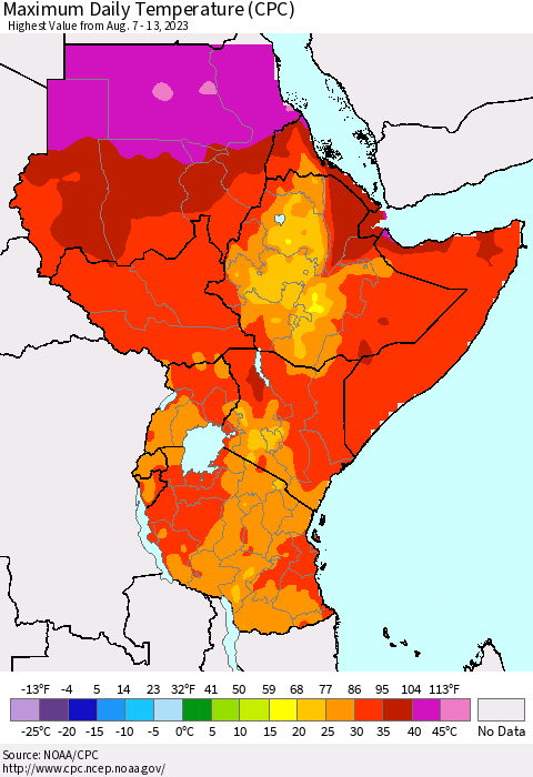 Eastern Africa Maximum Daily Temperature (CPC) Thematic Map For 8/7/2023 - 8/13/2023