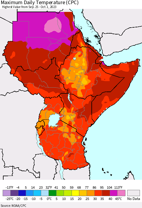 Eastern Africa Maximum Daily Temperature (CPC) Thematic Map For 9/25/2023 - 10/1/2023