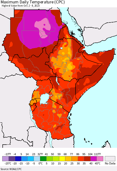 Eastern Africa Maximum Daily Temperature (CPC) Thematic Map For 10/2/2023 - 10/8/2023
