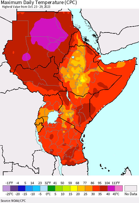 Eastern Africa Maximum Daily Temperature (CPC) Thematic Map For 10/23/2023 - 10/29/2023