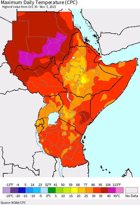 Eastern Africa Maximum Daily Temperature (CPC) Thematic Map For 10/30/2023 - 11/5/2023