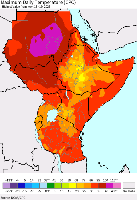 Eastern Africa Maximum Daily Temperature (CPC) Thematic Map For 11/13/2023 - 11/19/2023